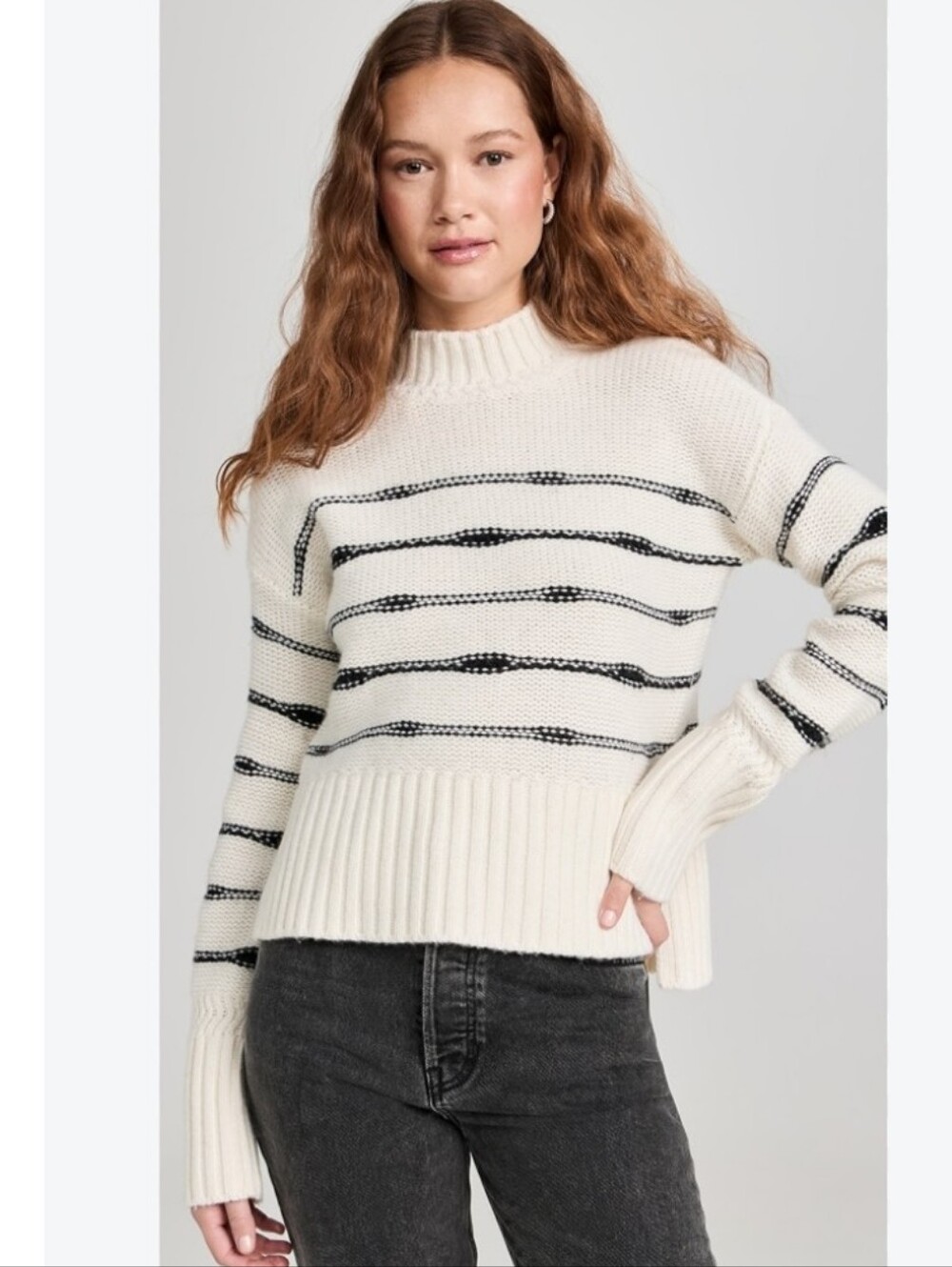 Veronica Beard Sweater Cream Striped Wool Mock Neck